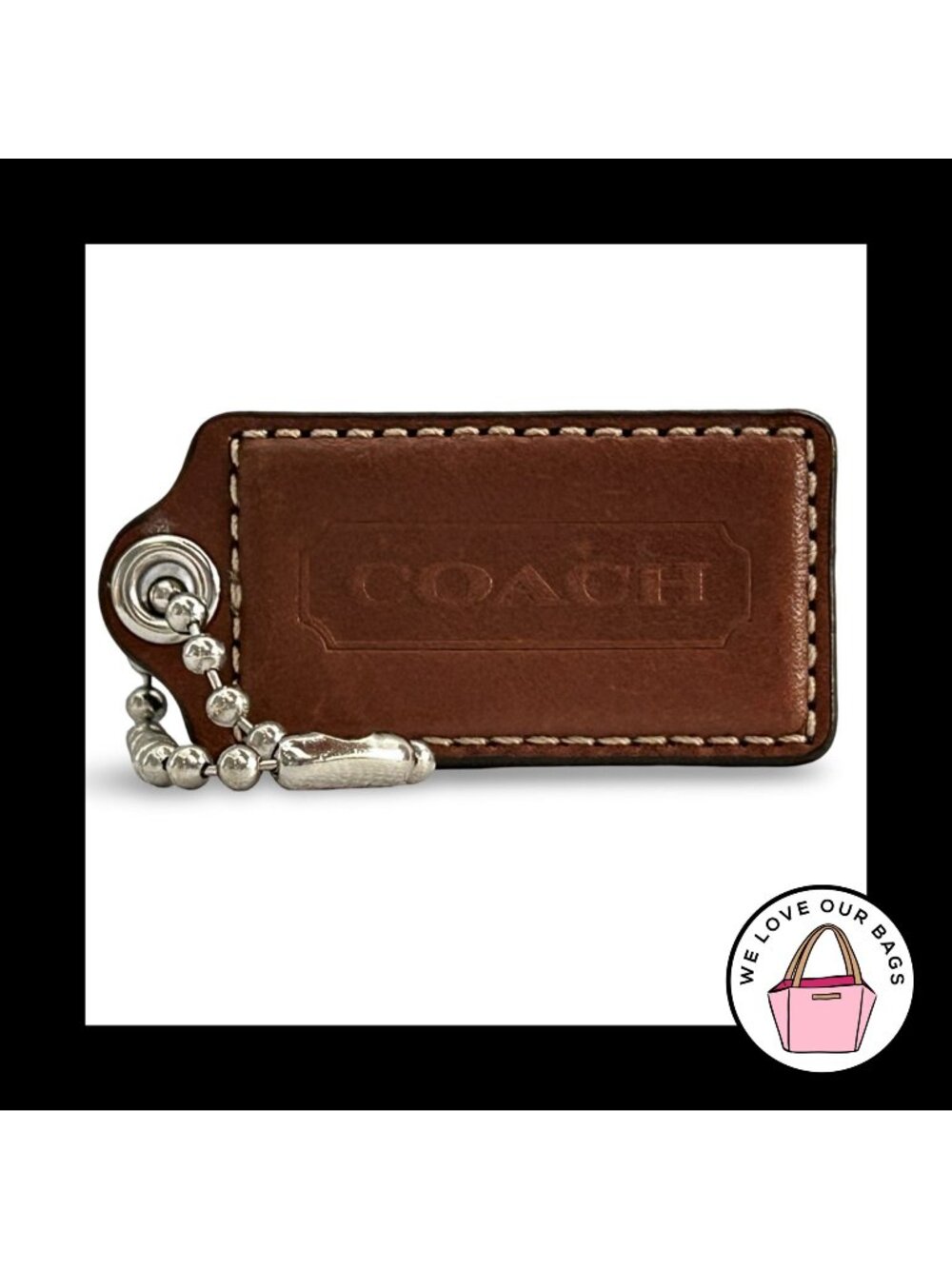 COACH HANG TAG 2.5" Whiskey Brown Leather Bag Charm Keychain Fob Nickel Large